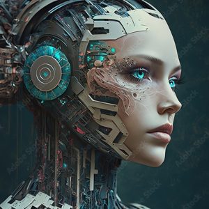 A woman cyberpank with chipping head. Exoskeleton, hydraulics, transhumanism, danger, technological development, high resolution, art, generative artificial intelligence