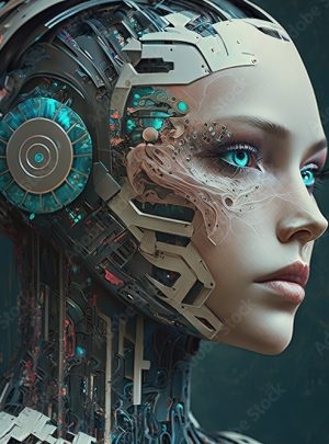 A woman cyberpank with chipping head. Exoskeleton, hydraulics, transhumanism, danger, technological development, high resolution, art, generative artificial intelligence