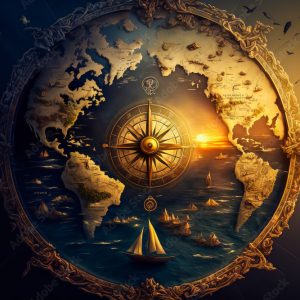 An ancient world map combining elegance and erudition, this image offers a view of a sunset over the ocean perfect to enrich any design. In an antique compass.