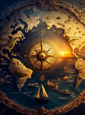 An ancient world map combining elegance and erudition, this image offers a view of a sunset over the ocean perfect to enrich any design. In an antique compass.