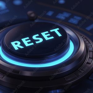 Blue glowing initiation start button with the text word RESET  in a 3d render illustration