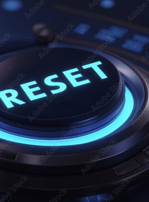 Blue glowing initiation start button with the text word RESET  in a 3d render illustration
