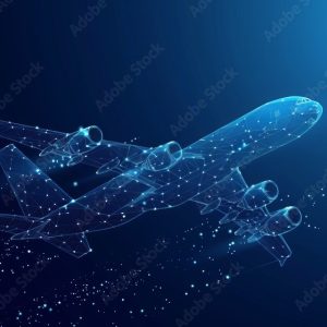 Digital 3D airplane abstract vector wireframe of an airliner set against a blue background. Represents travel, tourism, business, and transportation concepts.