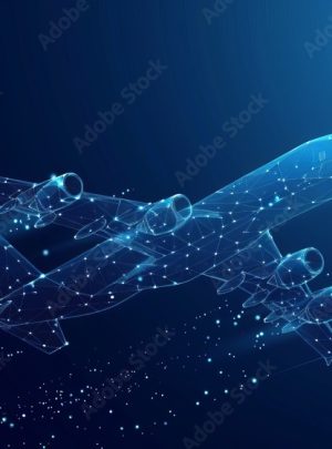 Digital 3D airplane abstract vector wireframe of an airliner set against a blue background. Represents travel, tourism, business, and transportation concepts.