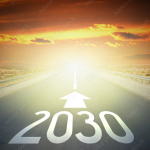 2030 - empty road on a desert and sunset sky