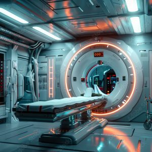 Futuristic medical bay with advanced equipment and lighting.