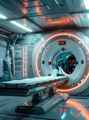 Futuristic medical bay with advanced equipment and lighting.